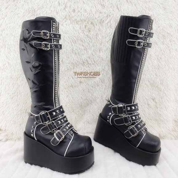 Demonia Concord RAre Platform Studded Black Rose Shaft Knee Boots Goth Punk - Picture 15 of 16